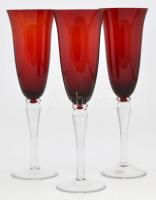 Bordó pezsgős poharak (3 db), színtelen talp résszel, hibátlan, m: 24 cm (3×)