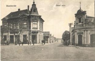 1915 Dombóvár, Jókai utca, üzletek + Újdombóvár pályaudvar vasúti bélyegző
