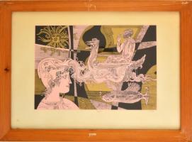 Szász Endre (1926-2003): Búcsú. Szitanyomat, papír, jelzett, üvegezett keretben, 29×43 cm