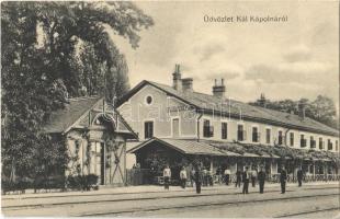 Kál, Kál-Kápolna vasútállomás, vasutasok + "1911 LAWOCZNE - MISKOLCZ - BUDAPEST 38. SZ." vasúti mozgóposta bélyegző