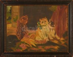 Ott János (?-?): Macska arisztokraták. Olaj, vászon, (foltos, kifakult), hibás keretben, 50×70 cm
