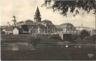 1929 Mezőtúr, Berettyó-parti részlet, Városháza, Református templom, híd. Borbély Gyula kiadása