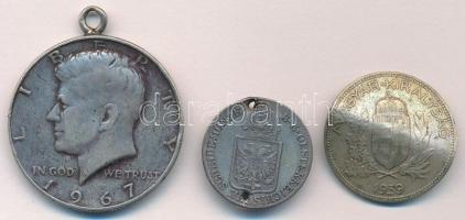 3db-os vegyes magyar és külföldi sérült ezüstpénz tétel, közte Amerikai Egyesült Államok 1967. 1/2$ Ag Kennedy T:3,3- ly,hajlott