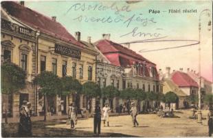 1916 Pápa, Fő tér, Vágó Dezső férfi divat terme, üzletek, piaci árusok