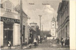 Putnok, Tompa utca, Birnbaum Henrik cipőraktára és üzlete, Református templom. Kovács Antal kiadása (EK)