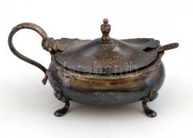 Ezüst (Ag.) fűszertartó és kiskanál, jelzett, üvegbetéttel, 9×4 cm, nettó: 82 g, m: 7,5 cm