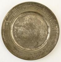 Mózes a kőtáblákkal, héber feliratú ón tányér, d: 19 cm