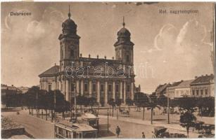 1916 Debrecen, Református nagytemplom, villamosok (EK)