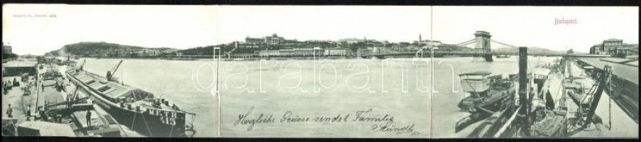 1898 Budapest, Pesti rakpart MFTR 415. uszállyal, Lánchíd, Budai vár. Három részes kinyitható panorámalap / 3-tiled folding panoramacard (r)