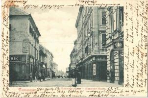 1901 Temesvár, Timisoara; Hunyady utca, Kereskedelmi és Iparkamara, M. Neumann üzlete / street view, Chamber of Commerce and Industry, shops