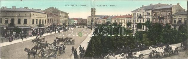 1915 Kolomyia, Kolomyja, Kolomyya, Kolomea; Rynek. Wydawn. G. Gottlieba w Kolomyi 1910. / Piac tér, üzletek, bank. kihajtható lap / marketplace, shops, bank. folding card