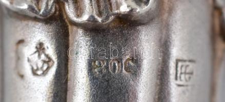 Ezüst(Ag) nyelű tálaló villa és kanál, jelzett, h: 27 cm