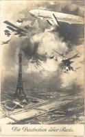 Die Deutschen über Paris / The Germans above Paris, WWI German military aircraft, Zeppelin airship, Amag K. 12.
