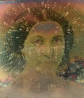 cca 1850 Legyezős hölgy Daguerrotípia. 7,5x10 cm Üvegezett, faragott fa asztali keretben