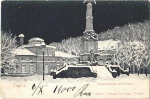 1900 Teplice, Teplitz-Schönau; Kriegerdenkmal und Steinbad / military monument and spa, winter night (EK)