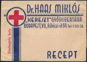 Dr. Haas Miklós Kereszt Gyógyszertárának (Bp. VII.) receptborítékja
