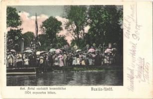 1917 Buziásfürdő, Baile Buzias; Szent Antal csodakút beszentelése 1904 augusztus hóban, tömeg, magyar címer. Nosek Gusztáv kiadása / consecration and blessing of the mineral spring well, Hungarian coat of arms, crowd (EK)