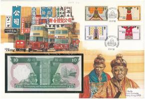 Hongkong 1986. 10$ borítékban, alkalmi bélyeggel és bélyegzésekkel T:I  Hong Kong 1986. 10 Dollars in envelope with stamps C:UNC