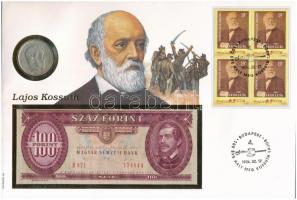 1994. Kossuth Lajos halálának 100. évfordulója érmés és bankjegyes pecsételt boríték 1947. 5Ft Ag érmével és 1992. 100Ft-os bankjeggyel illetve egyenként 19Ft névértékű négyestömbű bélyeggel a PHILSWISS kiadásában, német leírással T:2,I patina