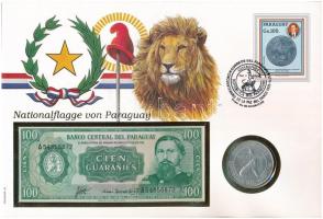 Paraguay Paraguay nemzeti zászlaja érmés és bankjegyes, pecsételt boríték 1968. 300Gt Ag Stroessner elnök 4. ciklusa érmével és 1982. 100G-os bankjeggyel a PHILSWISS kiadásában, német leírással T:1-,I patina