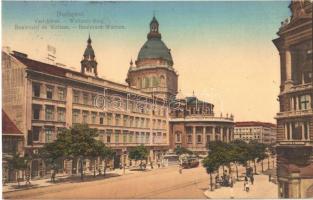 1913 Budapest VI. Váci körút (Bajcsy-Zsilinszky út), villamos, Bazilika, Schimmelpfeng W. Tudakozóda, étterem