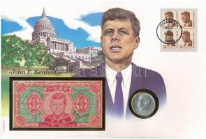 Amerikai Egyesült Államok "John F. Kennedy" érmés és bankjegyes, pecsételt boríték benne 1965. 1/2$ Ag "Kennedy" érmével és 1.000.000D égetési pénzzel a PHILSWISS kiadásában, német leírással T:1-,I