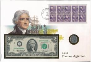 Amerikai Egyesült Államok érmés és bankjegyes, pecsételt boríték benne 1973. 5c Ni érmével és 1976. 2$-os bankjeggyel a PHILSWISS kiadásában, német leírással T:2,I patina