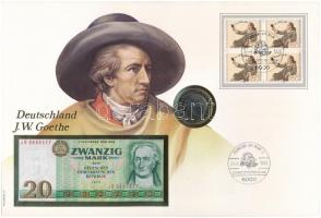 NDK / NSZK érmés és bankjegyes, pecsételt boríték benne NSZK 1982. 5M Cu-Ni Johann Wolfgang Goethe halálának 150. évfordulój érmével és NDK 1975. 20M-ás bankjeggyel a PHILSWISS kiadásában, német leírással T:1,I patina