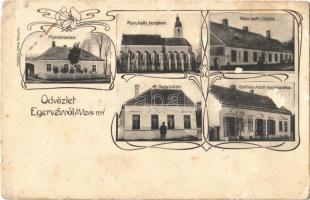 1911 Egervár (Zala), plébánialak, Római katolikus templom és iskola, jegyzőlak, Gottlieb Adolf kereskedése és saját kiadása. Art Nouveau (felszíni sérülés / surface damage)