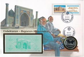 Üzbegisztán érmés és bankjegyes, pecsételt boríték benne Szovjetunió 1989. 5R Cu-Ni Samarkand érmével és Üzbegisztán 1992. 3S-os bankjeggyel a PHILSWISS kiadásában, német leírással T:1,I