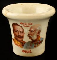 1916 Német első világháború korabeli porcelán mini mozsár Gott mit uns feliratú matricás képpel, kopásnyomókkal, m:7 cm, d:8: cm