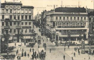 1913 Berlin, Friedrichstrasse, U. d. Linden, Victoria Café / street view, hotel, café, automobile, omnibus, shops - from postcard booklet (b)