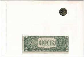 Amerikai Egyesült Államok érmés és bankjegyes, pecsételt boríték benne 1976. 25c Cu-Ni érmével és 19...