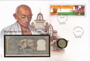 India Mahatma Gandhi érmés és bankjegyes, pecsételt boríték benne 1969. 20p Al-Br érmével és 1969-1970. 10R bankjeggyel a PHILSWISS kiadásában, német leírással T:1,I
