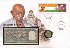 India "Mahatma Gandhi" érmés és bankjegyes, pecsételt boríték benne 1969. 20p Al-Br érmével és 1969-1970. 10R bankjeggyel a PHILSWISS kiadásában, német leírással T:1,I