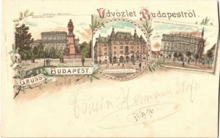 1898 Budapest, Széchenyi szobor, Etablissement Reutter kávéház és étterem (Drechsler palota), Honvéd minisztérium, Hentzi emlékmű. Leitner M. L. és fia kiadványa. Art Nouveau, floral, litho (vágott / cut)