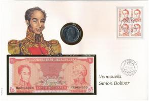 Venezuela Simon Bolivar érmés és bankjegyes, pecsételt boríték benne 1989. 5B Ni-acél érmével és 1989. 5B bankjeggyel a PHILSWISS kiadásában, német leírással T:1,I