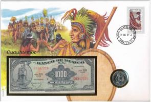 Mexikó Cuauhtémoc érmés és bankjegyes, pecsételt boríték benne 1982. 50c Cu-Ni érmével és 1974. 1000P bankjeggyel a PHILSWISS kiadásában, német leírással T:1,I