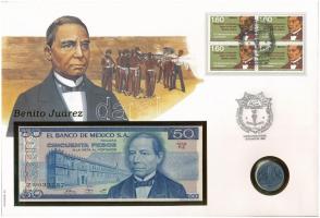 Mexikó Benito Juárez érmés és bankjegyes, pecsételt boríték benne 1992. 50c Cu-Ni érmével és 1981. 50P bankjeggyel a PHILSWISS kiadásában, német leírással T:1,I