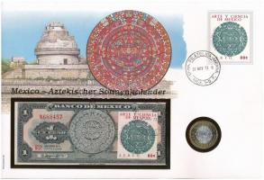 Mexikó Azték naptár érmés és bankjegyes, pecsételt boríték benne 1994. 10P érmével és 1969. 1P bélyeggel és pecsételt bankjeggyel a PHILSWISS kiadásában, német leírással T:1,I