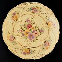 Zsolnay virág mintás falitányér, kézzel festett, jelzett, máz alatti hajszál repedésekkel, d:29,5 cm