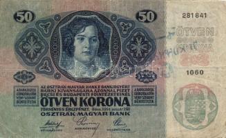 1912. 100K cseh ellenbélyeggel + 1914. 50K szerb ellenbélyegzővel + 1915. 10K (2x) román ellenbélyeg...