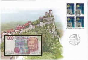 San Marino 1990. 1000L felbélyegzett borítékban, bélyegzéssel T:I  San Marino 1990. 1000 Lire in envelope with stamp and cancellation C:UNC