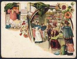 ca 1900 textilüzletet ábrázoló színes litho nyomtatvány