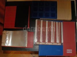 Kis hagyaték tétel - berakók bankjegyekhez és érmékhez, 7db, klf méretekben, benne 2db üres gyűrűs berakó, 1db éremtartó tálca, 2db berakólap