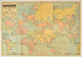 1941 Az Igazság folyóirat tájékoztató térképegyüttese, egy lapon Európa, Ázsia, Észak-Amerika, Dél-Amerika Afrika és a Csendes-óceán térképével, különféle léptékekben 82×57,5 cm
