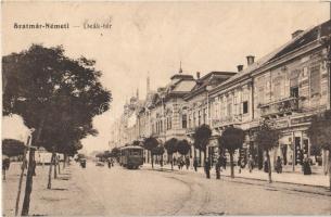 1918 Szatmárnémeti, Szatmár, Satu Mare; Deák tér, villamos, üzletek / square, tram, shops