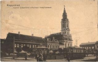 1907 Nagyvárad, Oradea; Szent László tér a holdas (ortodox) templommal, villamos, üzletek. W. L. 969. / square, Orthodox church, tram, shops (EK)