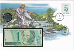 Brazília érmés és bankjegyes, pecsételt boríték benne 1994. 1R rozsdamentesacél érmével és 1994-1997. 1R bankjeggyel a PHILSWISS kiadásában, német leírással T:1,I