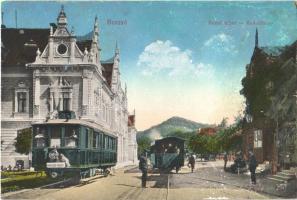 Brassó, Kronstadt, Brasov; Rezső körút, "Brassó-Város" városi vasút megállóval / Rudolfring / street, urban railway in the station + "K.u.K. Reserve Feldkanonenregiment No. 73. Batterie No. 3." (felszíni sérülés / surface damage)